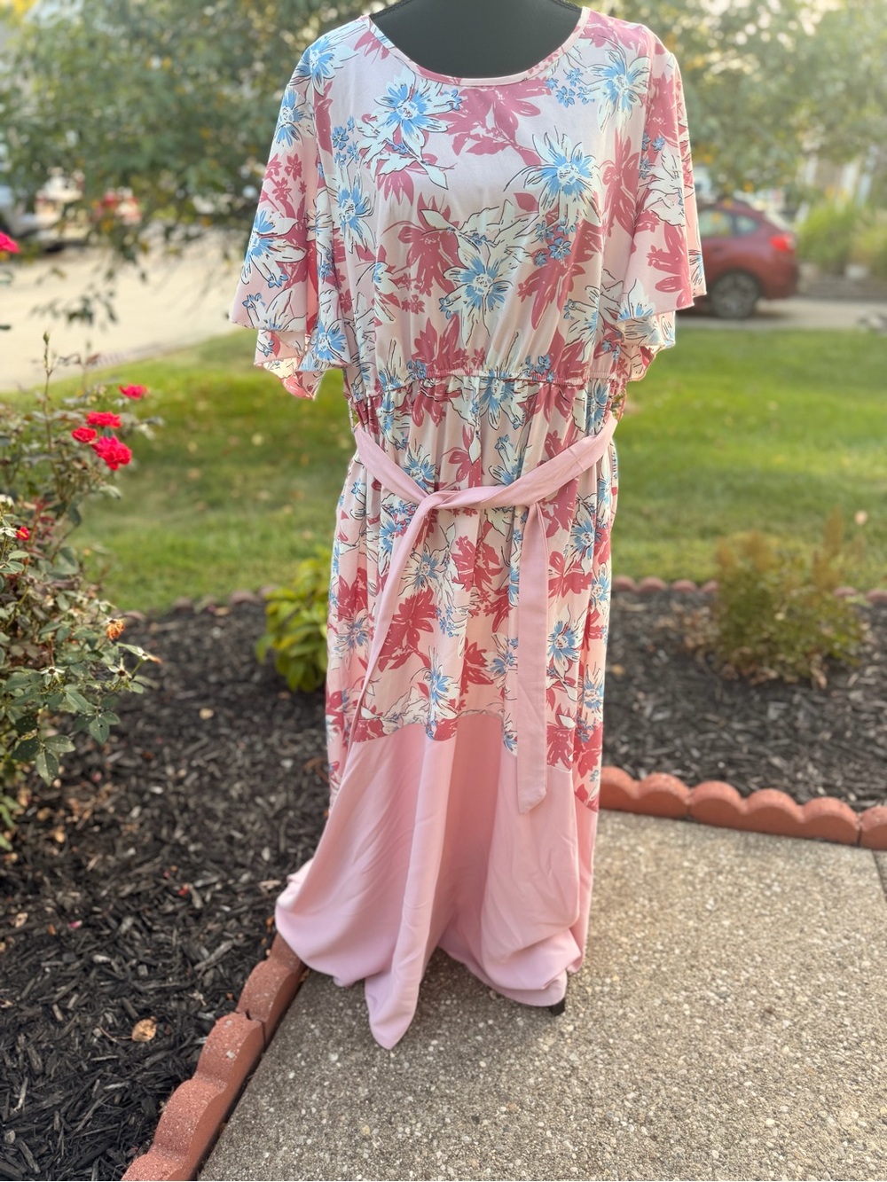 Women’s Pink Floral Maxi Dress with Belt